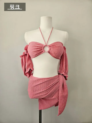 Off-shoulder piece bikini with wrap skirt white and pink short-sleeved swimsuit