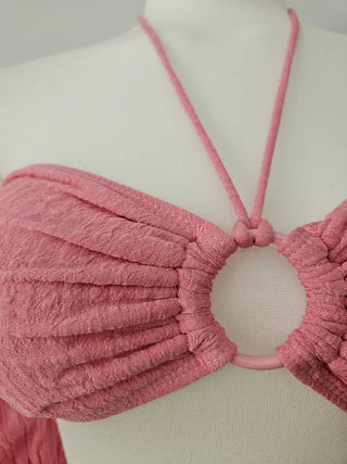 Off-shoulder piece bikini with wrap skirt white and pink short-sleeved swimsuit