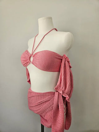 Off-shoulder piece bikini with wrap skirt white and pink short-sleeved swimsuit