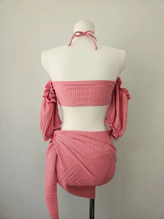 Off-shoulder piece bikini with wrap skirt white and pink short-sleeved swimsuit