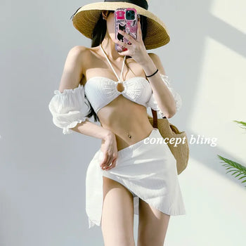 Off-shoulder piece bikini with wrap skirt white and pink short-sleeved swimsuit