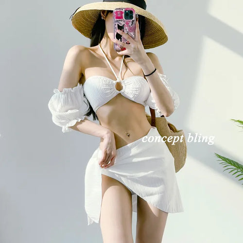 Off-shoulder piece bikini with wrap skirt white and pink short-sleeved swimsuit