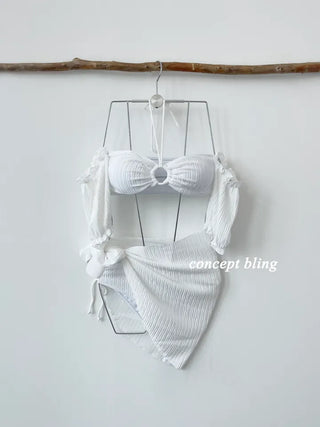 Off-shoulder piece bikini with wrap skirt white and pink short-sleeved swimsuit