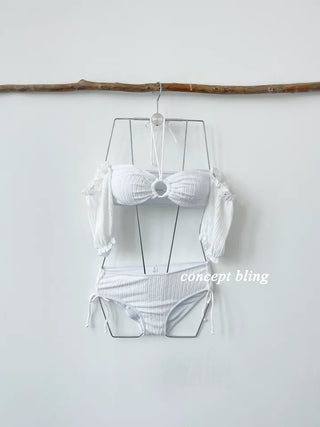 Off-shoulder piece bikini with wrap skirt white and pink short-sleeved swimsuit