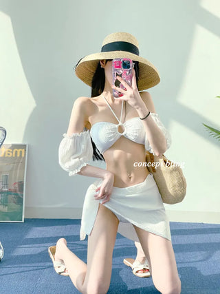 Off-shoulder piece bikini with wrap skirt white and pink short-sleeved swimsuit