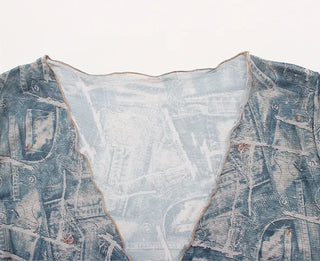 Vintage denim piece bikini with cardigan cover-up skirt and string body-covering tummy-covering swimsuit