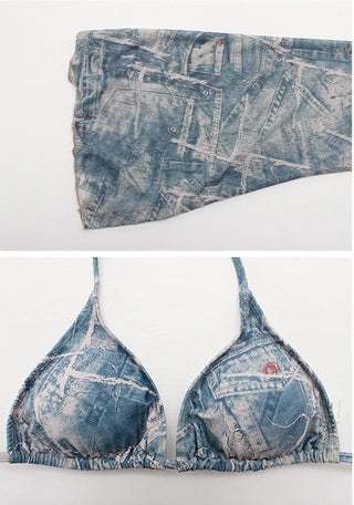 Vintage denim piece bikini with cardigan cover-up skirt and string body-covering tummy-covering swimsuit