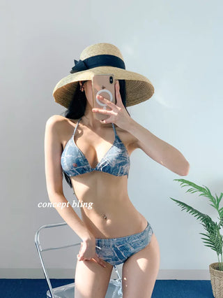 Vintage denim piece bikini with cardigan cover-up skirt and string body-covering tummy-covering swimsuit