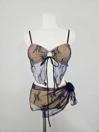 piece bikini skirt with lace see-through beige resort vacation swimsuit concept bling