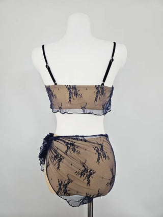 piece bikini skirt with lace see-through beige resort vacation swimsuit concept bling