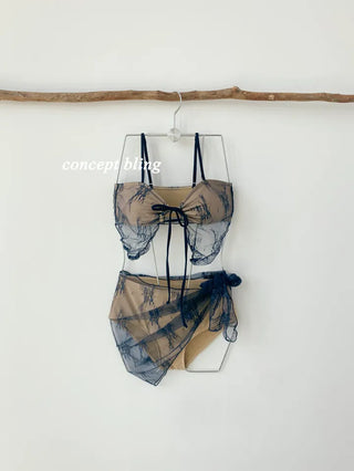 piece bikini skirt with lace see-through beige resort vacation swimsuit concept bling