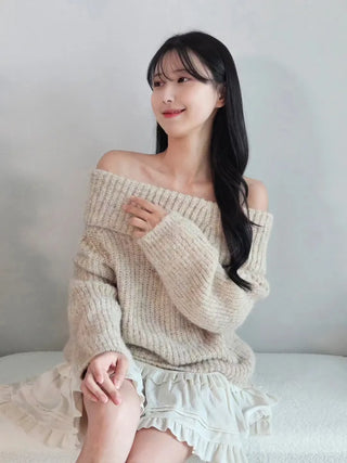 🧸 Thick and cozy color loose-fitting off-shoulder knit scrunchie set winter knit