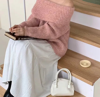 🧸 Thick and cozy color loose-fitting off-shoulder knit scrunchie set winter knit