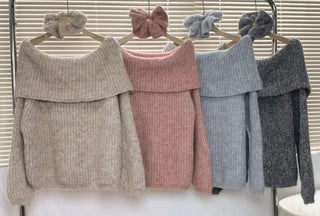 🧸 Thick and cozy color loose-fitting off-shoulder knit scrunchie set winter knit