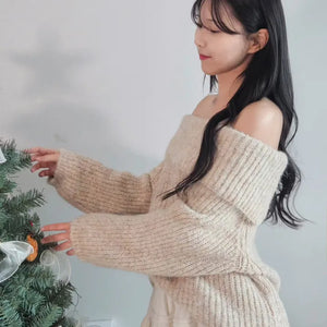 🧸 Thick and cozy color loose-fitting off-shoulder knit scrunchie set winter knit