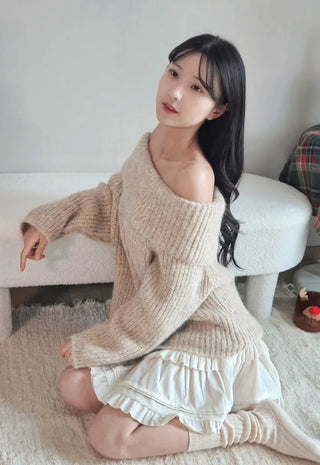 🧸 Thick and cozy color loose-fitting off-shoulder knit scrunchie set winter knit