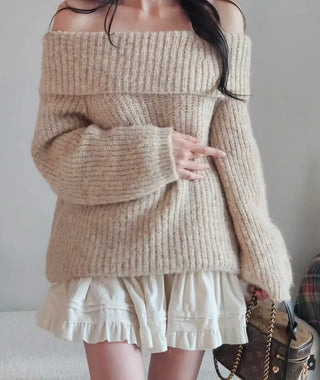 🧸 Thick and cozy color loose-fitting off-shoulder knit scrunchie set winter knit