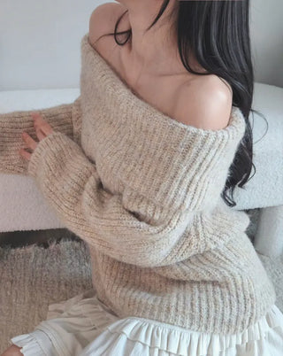 🧸 Thick and cozy color loose-fitting off-shoulder knit scrunchie set winter knit