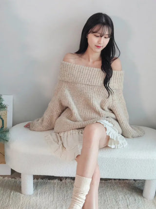 🧸 Thick and cozy color loose-fitting off-shoulder knit scrunchie set winter knit