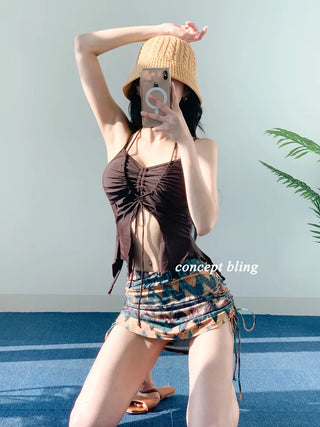 2pcs Bikini Halter Neck Ribbon Belly Cover Skirt Included String Swimsuit Concept Bling