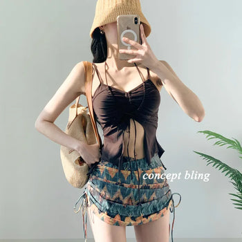 2pcs Bikini Halter Neck Ribbon Belly Cover Skirt Included String Swimsuit Concept Bling
