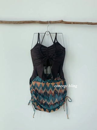 2pcs Bikini Halter Neck Ribbon Belly Cover Skirt Included String Swimsuit Concept Bling