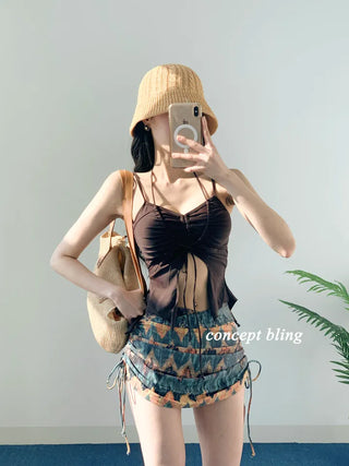 2pcs Bikini Halter Neck Ribbon Belly Cover Skirt Included String Swimsuit Concept Bling