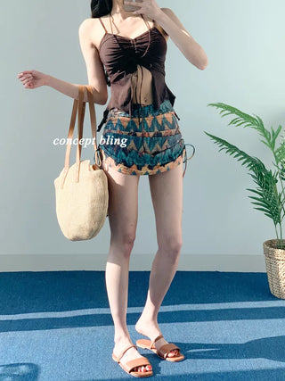 2pcs Bikini Halter Neck Ribbon Belly Cover Skirt Included String Swimsuit Concept Bling