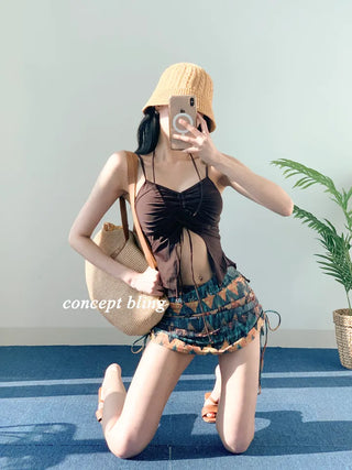 2pcs Bikini Halter Neck Ribbon Belly Cover Skirt Included String Swimsuit Concept Bling