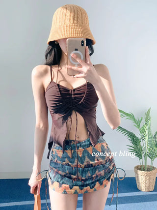 2pcs Bikini Halter Neck Ribbon Belly Cover Skirt Included String Swimsuit Concept Bling