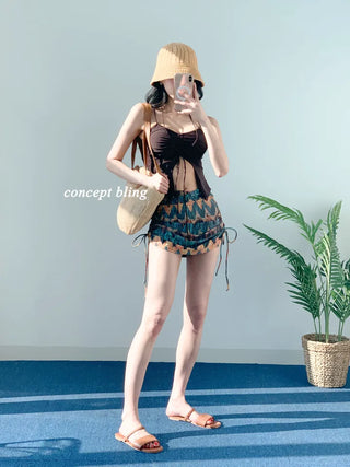 2pcs Bikini Halter Neck Ribbon Belly Cover Skirt Included String Swimsuit Concept Bling