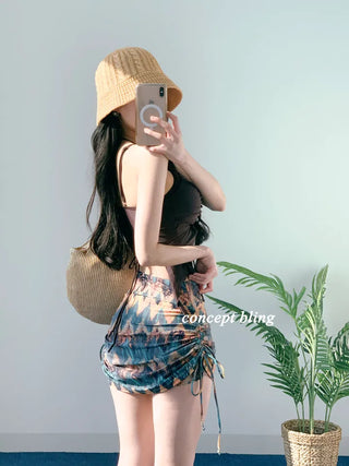2pcs Bikini Halter Neck Ribbon Belly Cover Skirt Included String Swimsuit Concept Bling