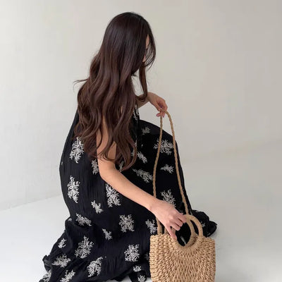 Resort long one-piece black sleeveless strapless wrinkle-free beach dress