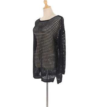 Black and white bikini cover-up summer mesh swimsuit knit long-sleeved top for resort look vacation