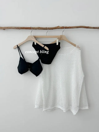 Black and white bikini cover-up summer mesh swimsuit knit long-sleeved top for resort look vacation