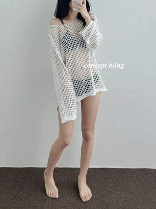 Black and white bikini cover-up summer mesh swimsuit knit long-sleeved top for resort look vacation