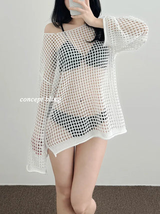 Black and white bikini cover-up summer mesh swimsuit knit long-sleeved top for resort look vacation