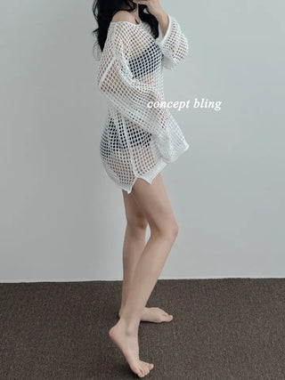 Black and white bikini cover-up summer mesh swimsuit knit long-sleeved top for resort look vacation