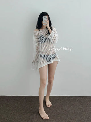 Black and white bikini cover-up summer mesh swimsuit knit long-sleeved top for resort look vacation