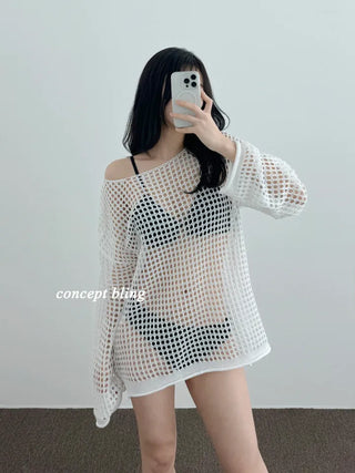 Black and white bikini cover-up summer mesh swimsuit knit long-sleeved top for resort look vacation