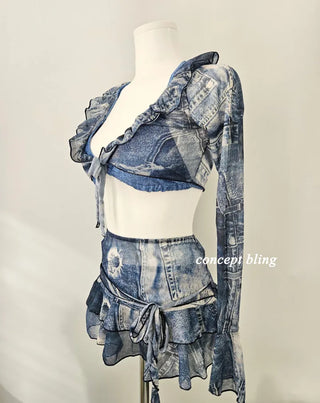 Denim Print Piece Bikini Body Covering Belly Covering Frill Halter Neck Blue Swimsuit