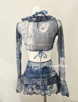 Denim Print Piece Bikini Body Covering Belly Covering Frill Halter Neck Blue Swimsuit