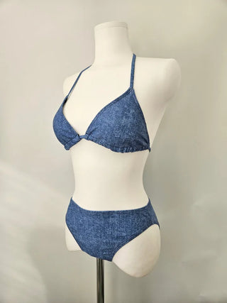 Denim Print Piece Bikini Body Covering Belly Covering Frill Halter Neck Blue Swimsuit