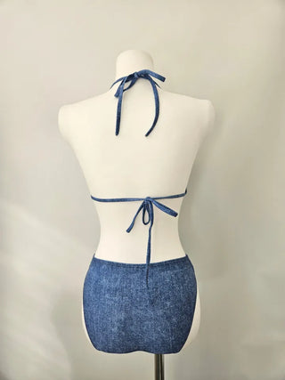 Denim Print Piece Bikini Body Covering Belly Covering Frill Halter Neck Blue Swimsuit