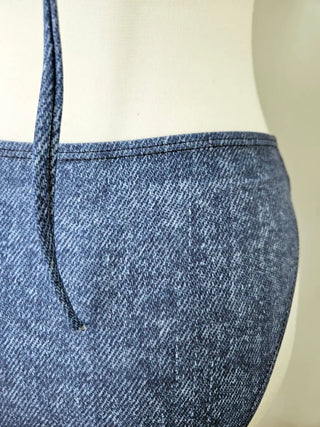 Denim Print Piece Bikini Body Covering Belly Covering Frill Halter Neck Blue Swimsuit