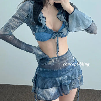 Denim Print Piece Bikini Body Covering Belly Covering Frill Halter Neck Blue Swimsuit