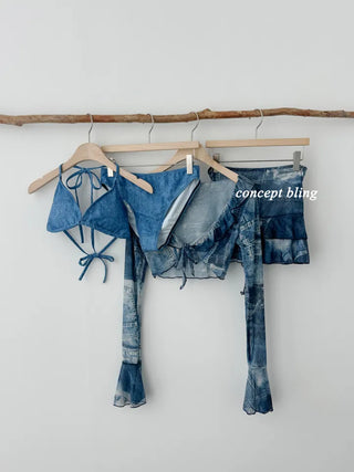 Denim Print Piece Bikini Body Covering Belly Covering Frill Halter Neck Blue Swimsuit