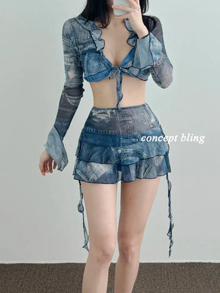 Denim Print Piece Bikini Body Covering Belly Covering Frill Halter Neck Blue Swimsuit