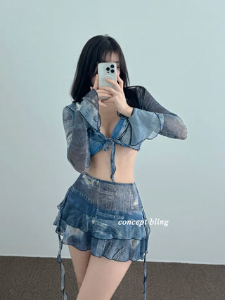 Denim Print Piece Bikini Body Covering Belly Covering Frill Halter Neck Blue Swimsuit