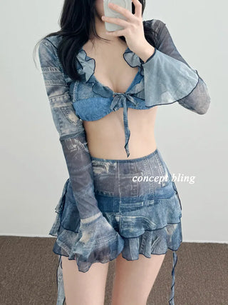 Denim Print Piece Bikini Body Covering Belly Covering Frill Halter Neck Blue Swimsuit